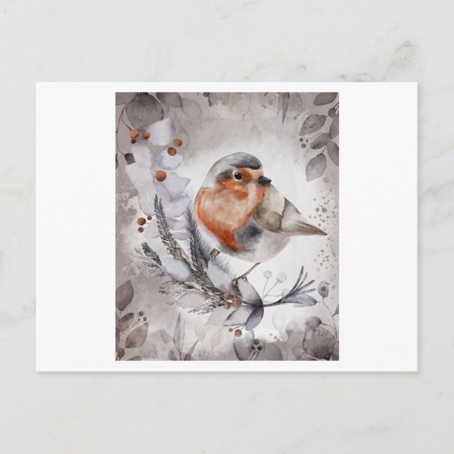 Carte Postale Aquarelle d'un Oiseau Robin avec fleur (Devant)