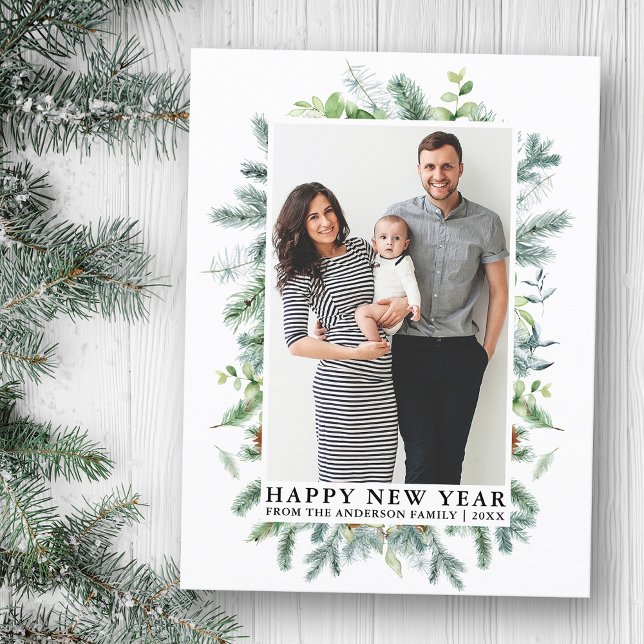Carte Postale Aquarelle Elégant cadre de pin Joyeux Nouvel An ph (Customize to change text size or text style.)
