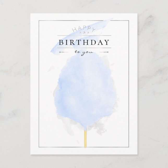 Carte Postale Aquarelle élégante Bleu Coton Bonbon Anniversaire (Devant)