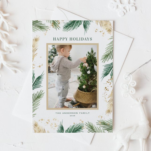 Carte Postale Aquarelle et Aiguilles de pin à huile d'or Faux (Green Watercolor and Faux Gold Foil Pine Needles Photo Happy Holidays Postcard)