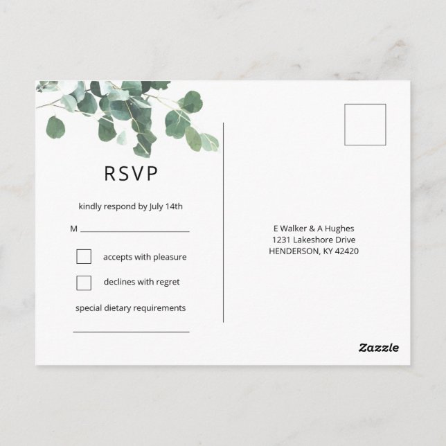 Carte Postale Aquarelle Eucalyptus Feuilles RSVP police moderne (Dos)