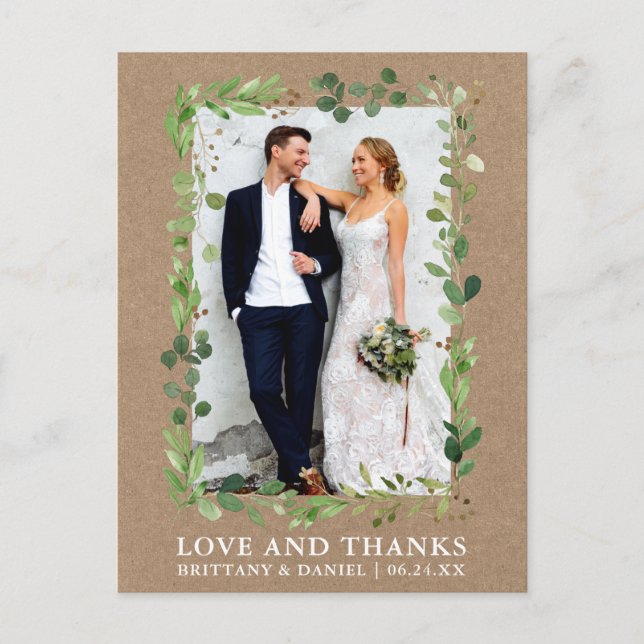 Carte Postale Aquarelle Eucalyptus Mariage Amour Merci Kraft (Devant)