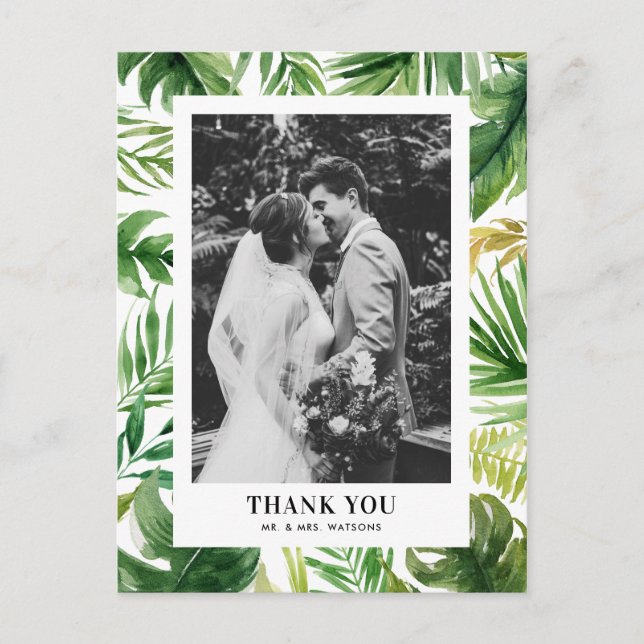 Carte Postale Aquarelle Feuille Tropical Photo Mariage Merci (Devant)
