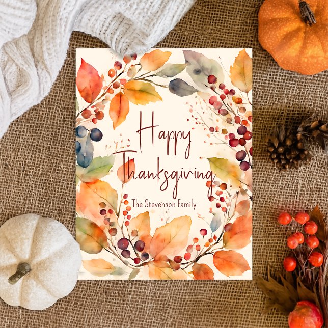 Carte Postale Aquarelle Feuilles d'automne Bon thanksgiving Wrea (Créateur téléchargé)