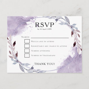 Carte Postale Aquarelle Feuilles violet Lilac Gris mariage RSVP