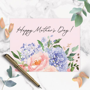 Carte Postale Aquarelle Fleur Bleu Rose Joyeuse Fête des Mères