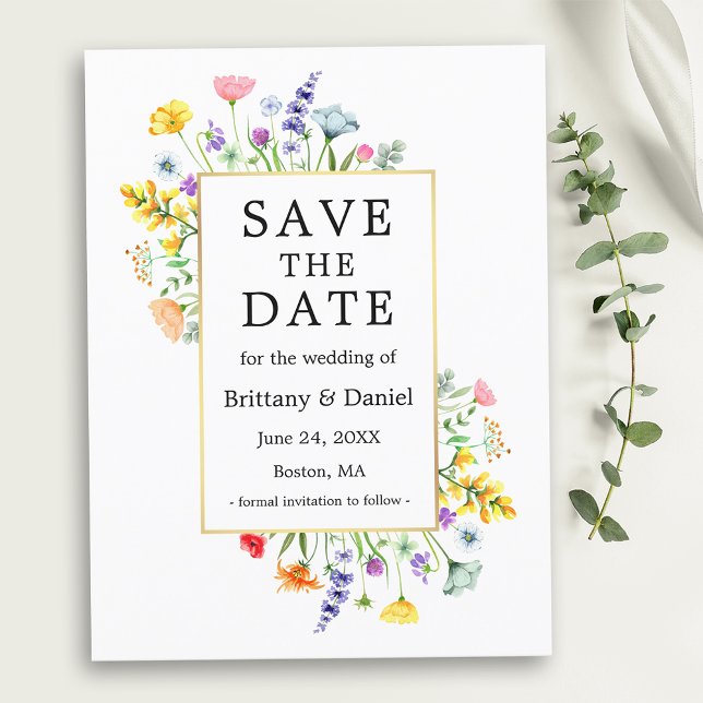 Carte Postale Aquarelle Fleur sauvage Gold Frame Enregistrer la  (Customize to change text size, color or text style.)