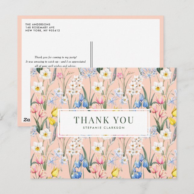 Carte Postale Aquarelle Fleurs de printemps Merci botanique (Devant / Derrière)