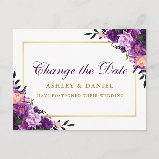 Carte Postale Aquarelle Fleurs Violettes Or Changement de Date (Devant)