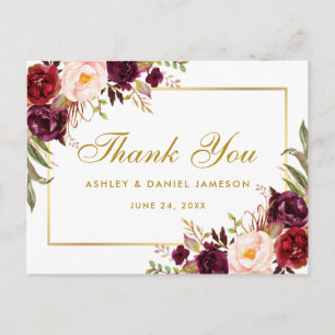 Carte Postale Aquarelle Floral Bourgogne Mariage Merci or