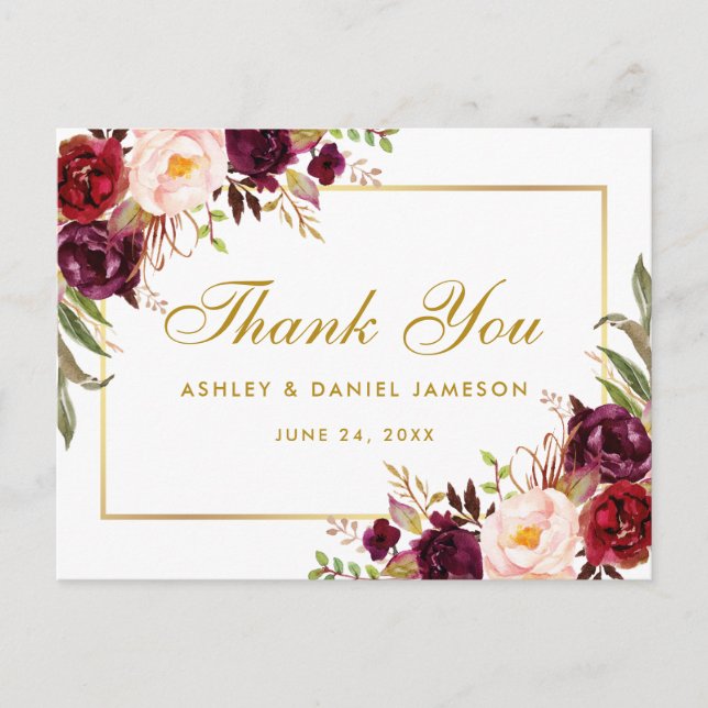 Carte Postale Aquarelle Floral Bourgogne Mariage Merci or (Devant)