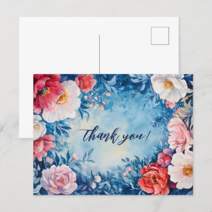 Carte Postale Aquarelle Floral MERCI bleu rose PERSONNALISÉ