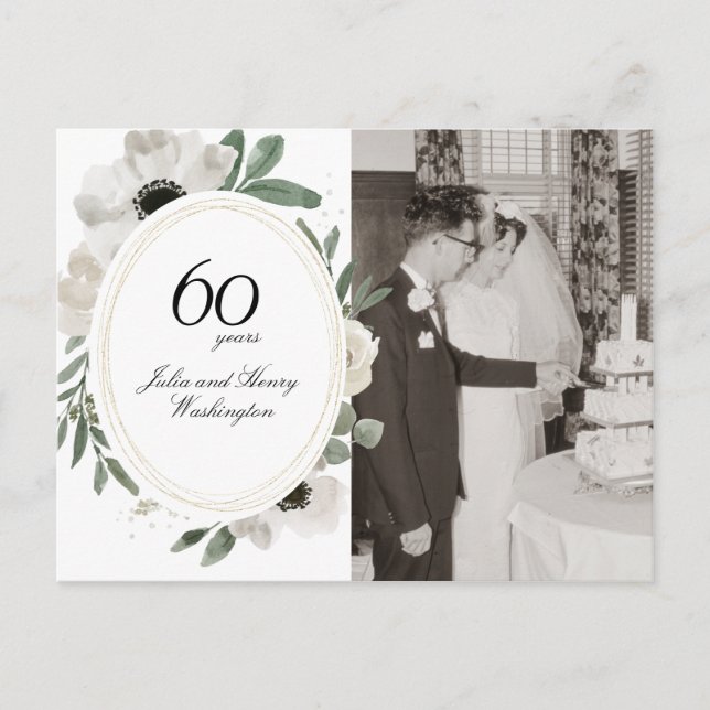 Carte Postale Aquarelle Floral Or Photo 60e Anniversaire (Devant)