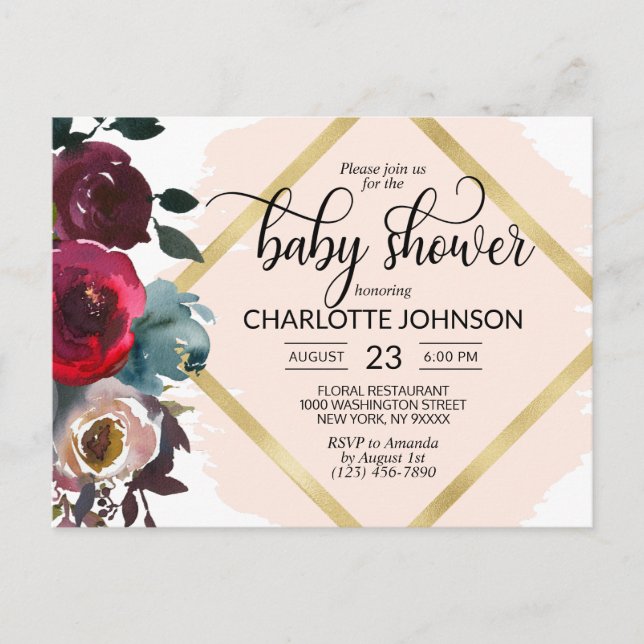 Carte Postale Aquarelle Floral rose Bourgogne Baby shower or (Devant)
