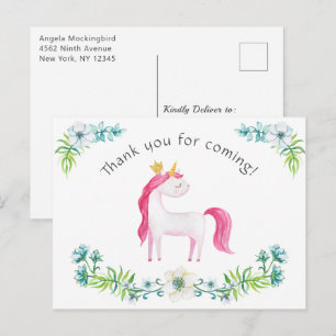 Carte Postale Aquarelle Floral rose Unicorn Merci