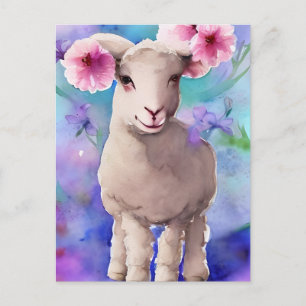 Carte postale aquarelle florale agneau de Pâques d