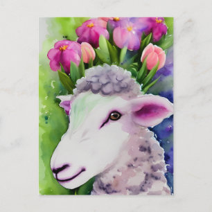 Carte postale aquarelle florale agneau de Pâques d