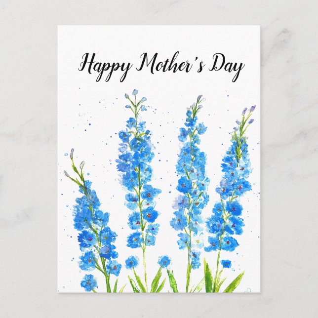 Carte Postale Aquarelle florale de delphinium bleu élégant rusti (Devant)