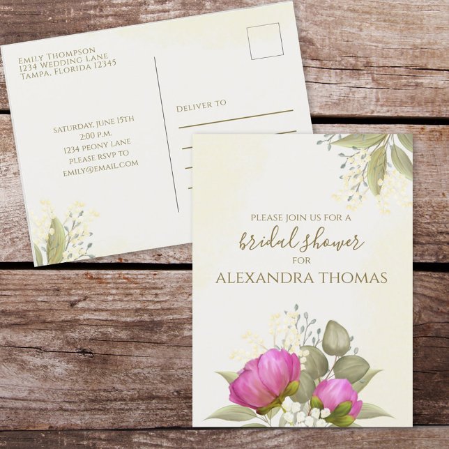 Carte Postale Aquarelle florale Fête des mariées de pivoine vert (Créateur téléchargé)