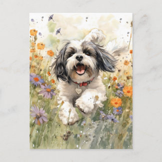 Carte Postale Aquarelle florale Shih Tzu courant à travers la fl