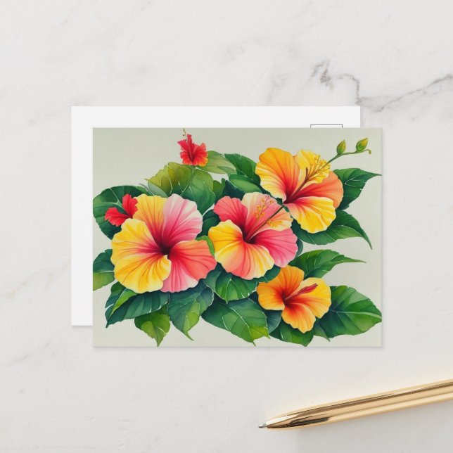 Carte Postale Aquarelle Flore Tropicale Hibiscus Rouge Jaune (Devant/Arrière en situation)