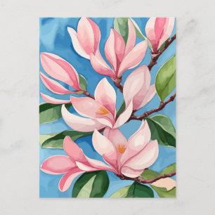 Carte Postale Aquarelle florissante Magnolia rose