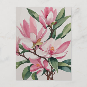 Carte Postale Aquarelle florissante Magnolia rose