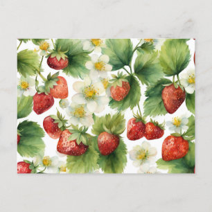 Carte Postale Aquarelle Fruits fraises et fleurs fraises
