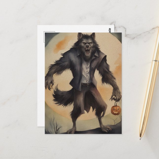 Carte Postale Aquarelle Halloween Werewolf (Devant/Arrière en situation)