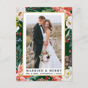 Carte Postale Aquarelle Hiver Floral Vert Marié et Joyeux