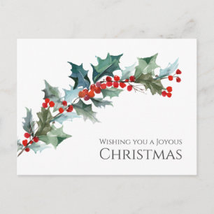 Carte Postale Aquarelle Holly et Berries Joyeux Noël