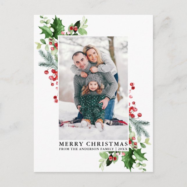 Carte Postale Aquarelle Holly Noël Green Photo de famille (Devant)