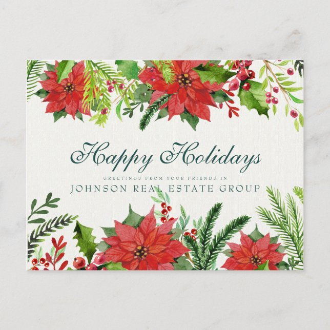 Carte Postale Aquarelle Holly & Poinsettia | Salutations de vaca (Devant)