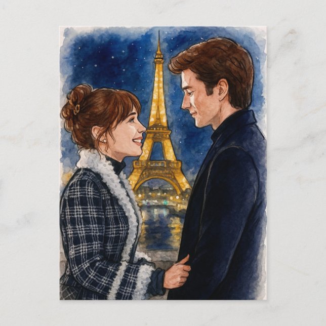 Carte postale aquarelle homme femme Paris Amour ro (Devant)
