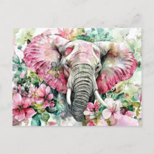 Carte Postale Aquarelle Illustration d'un éléphant avec des fleu
