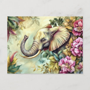 Carte Postale Aquarelle Illustration d'un éléphant avec des fleu