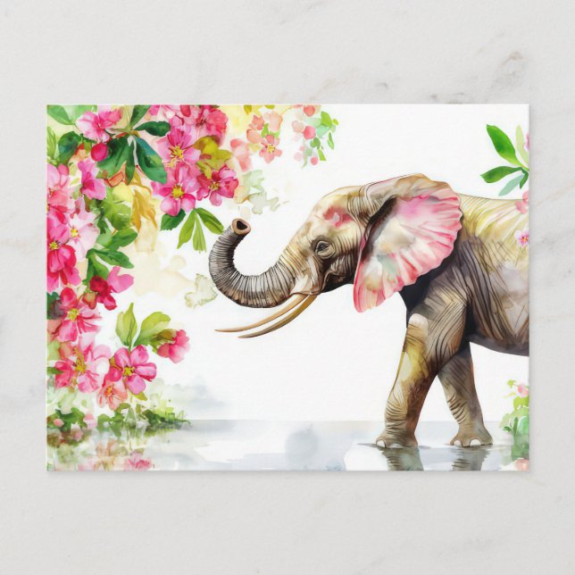 Carte Postale Aquarelle Illustration d'un éléphant avec des fleu (Devant)