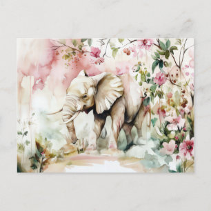 Carte Postale Aquarelle Illustration d'un éléphant avec des fleu