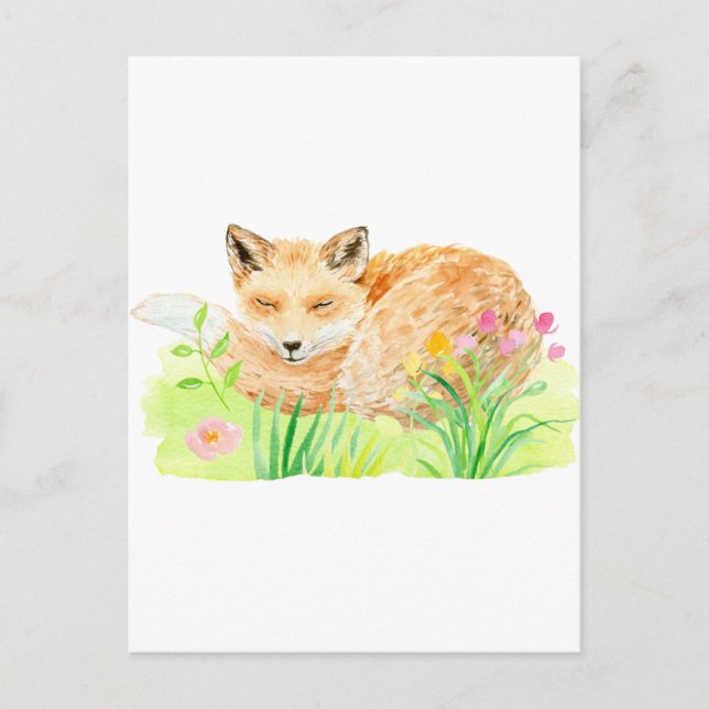 Carte Postale Aquarelle illustration renard dormant (Devant)