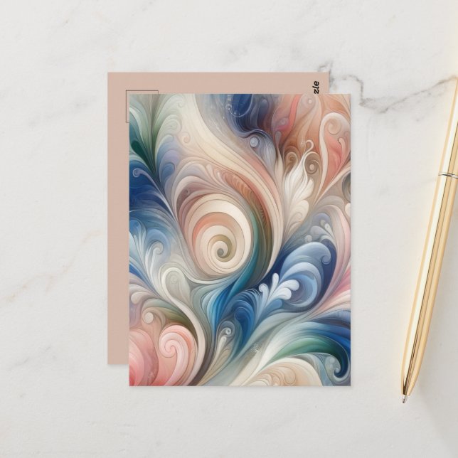 Carte Postale Aquarelle Imaginaire Floral Pastel Bleu & Crème (Devant/Arrière en situation)