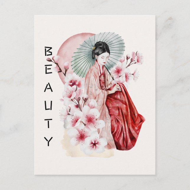 Carte Postale Aquarelle japonaise de Geisha avec Kimono et Sakur (Devant)
