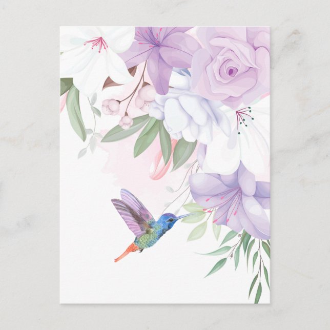 Carte Postale Aquarelle Jardin Fleurs Oiseau de colibri (Devant)