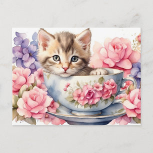 Carte Postale Aquarelle Kitten en Teacup avec Fleurs