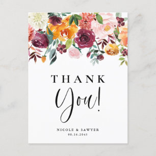 Carte Postale Aquarelle L'automne fleurit Floral Mariage Merci