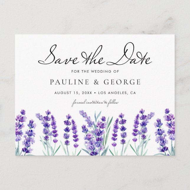 Carte Postale Aquarelle Lavender Flowers Enregistrer la date (Devant)