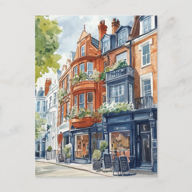 Carte Postale Aquarelle Londres : maisons de ville victoriennes (Devant)