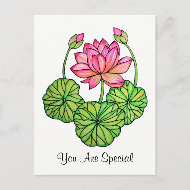 Carte Postale Aquarelle Lotus rose avec Bureaux et Feuilles (Devant)