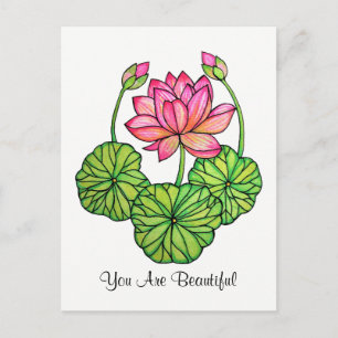 Carte Postale Aquarelle Lotus rose avec Bureaux et Feuilles