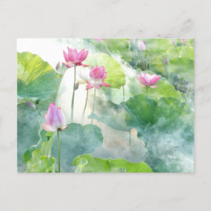 Carte Postale Aquarelle Lotus Rose Fleurs avec Feuille