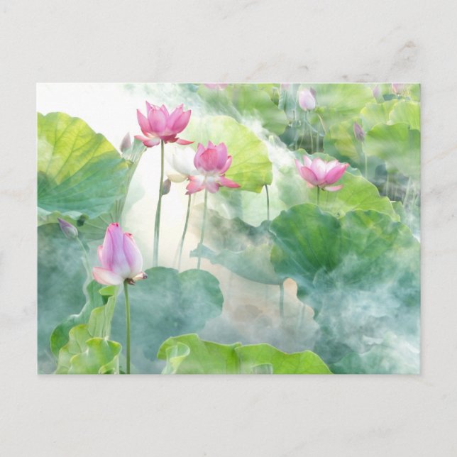 Carte Postale Aquarelle Lotus Rose Fleurs avec Feuille (Devant)